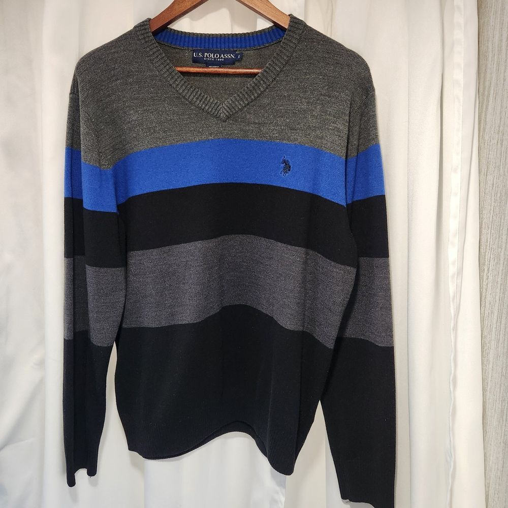 Mens‎ US POLO ASSN Long Sleeve V Neck Sweater Blue Gray Black Size Large